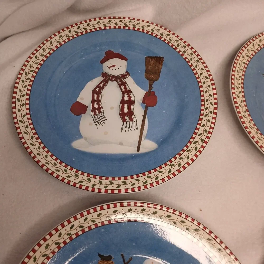4 Salad Plates Sakura Debbie Mumm 4 Designs Snowman Vintage Stoneware 1997